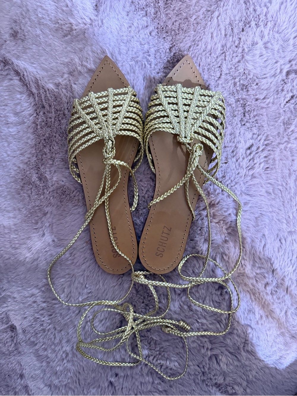 SCHUTZ Metallic Gold Braided Lace-Up Flat Sandals